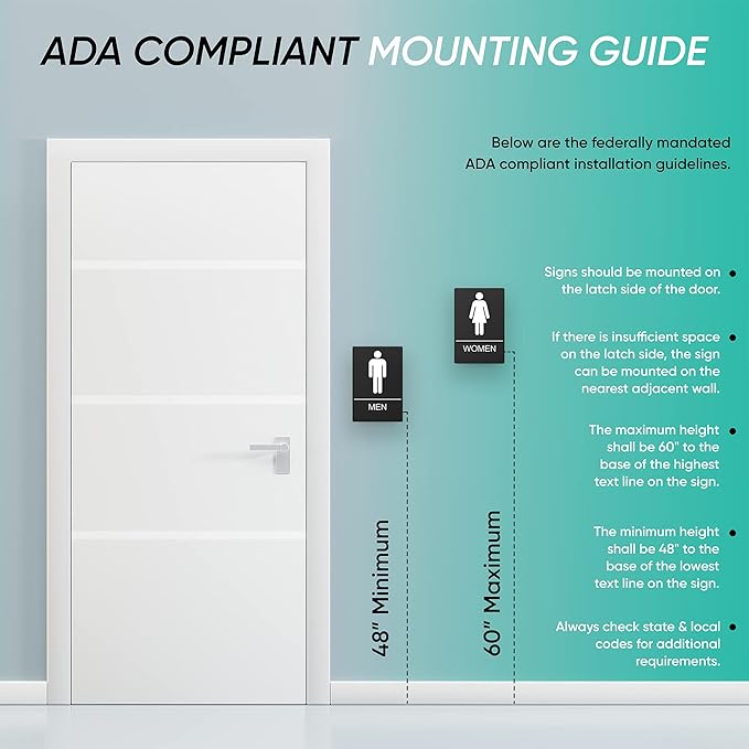 Bathroom Signs, Restroom Sign For Business - For Men and Women - 9" by 6" - ADA Compliant with Braille - Strong Double-Sided Adhesives Included - Apply to Office, Home, Public Door/Wall