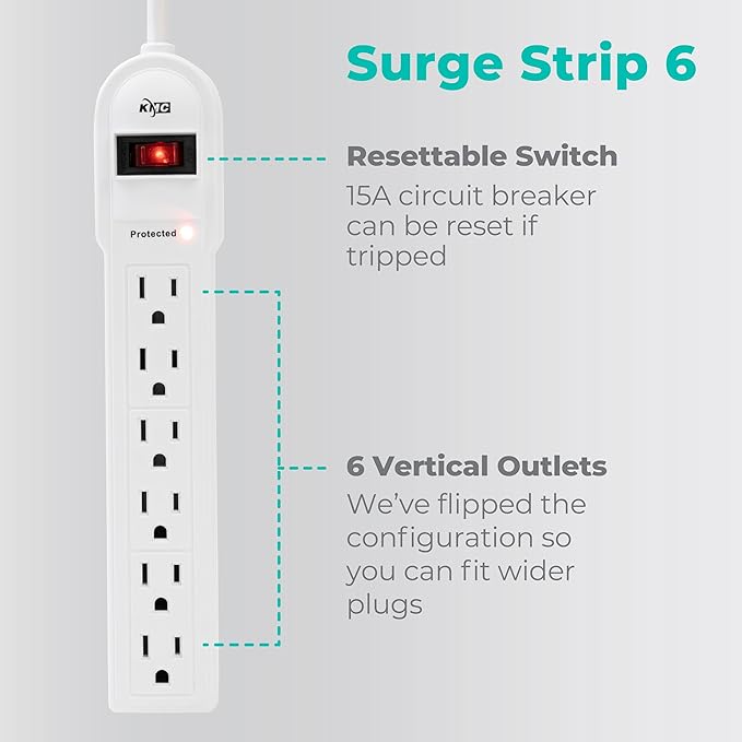 KMC 6-Outlet Surge Protector Power Strip 2-Pack, Overload Protection, 4-Foot Cord, 900 Joule - White