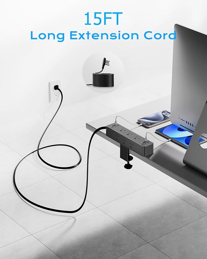 Flat Plug Desk Clamp Power Strip 15FT, 40W Total Fast Charging Station, Dual PD 20W USB C Ports, Desk Edge Mount Power Strip 9 AC Outlets 8 USB Ports(4 USB C) Surge Protector, Fit 1.7" Tabletop Edge