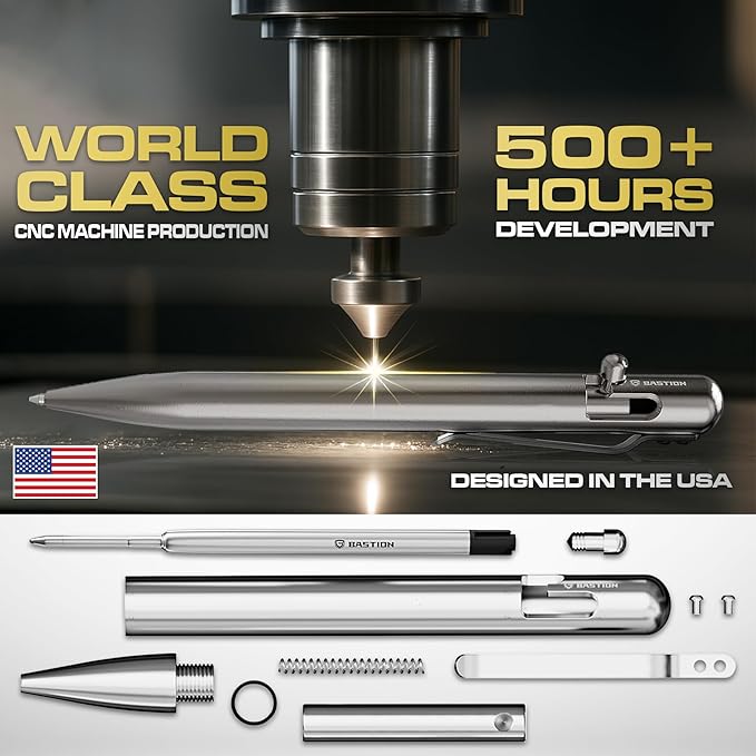 BASTION® Luxury Bolt Action Pen, Durable Professional Ballpoint Pen with Fine Tip, EDC Pen Ink Refillable Pen - 100% Titanium