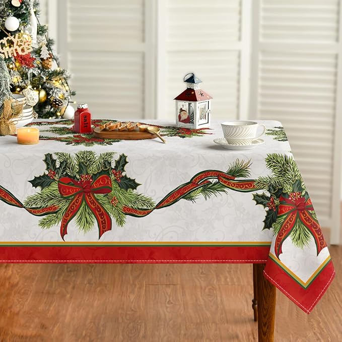 Horaldaily Christmas Tablecloth 52×70 Inch, Poinsettia Golden Ribbon Washable Table Cover for Party Picnic Dinner Decor