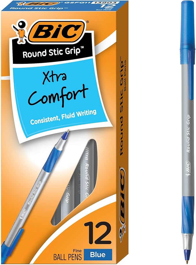 BIC Round Stic Grip Xtra Comfort Fine Blue Ballpoint Pens, Medium Point (0.8 mm), 12-Count Pack, Excellent Writing Pens With Soft Grip for Superb Comfort and Control
