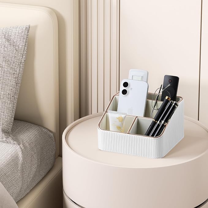 Remote Control Holder with 4 Compartments, PU Leather Small Nightstand Organizer for Home Desk Accessories Office Supplies, Multifunctional Stylish Small Bedside Desktop Organizers (White)