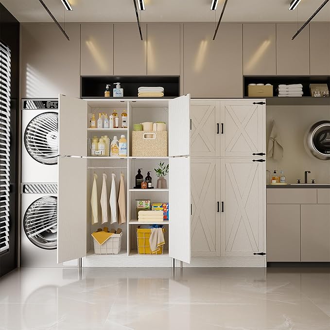 Unikito 71'' Farmhouse Wardrobe Closet with Hanging Rod, 4 Barn Door Clothing Storage Cabinet with Adjustable Shelves, Freestanding Wardrobe Cabinet for Bedroom, Living Room, Cloak Room, Office, White