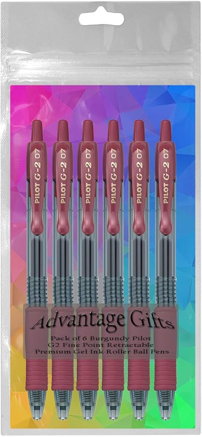 G2 Retractable Premium Gel Ink Roller Ball Pens Fine Point Fine Point (.7mm) Burgundy Ink 6-pk; Refillable & Premium Comfort Grip Bundle with Plastic Reusable Pouch