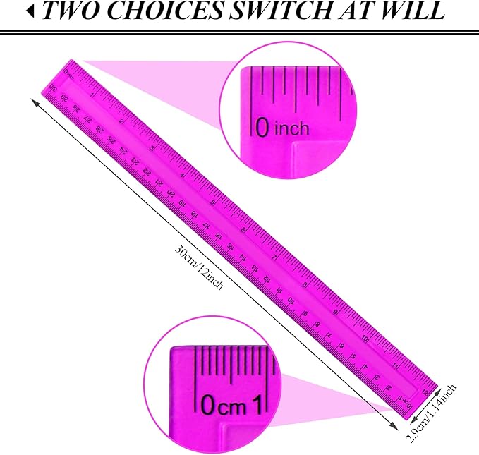 12PCS Clear Ruler, 12 Inch Plastic Rulers for School, Home, or Office, Clear Plastic Rulers, Assorted Colors.