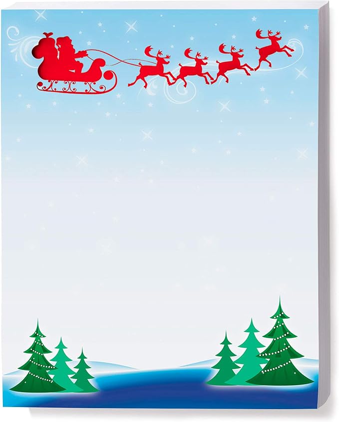 PaperDirect Red Flying Santa Sleigh Border Paper, Santa Sleigh Over Trees with Snowflake Background, 8.5 x 11, Acid-Free, Ideal for Invitations, Flyers, Crafts, Holiday Events, Cards, 25 Sheets
