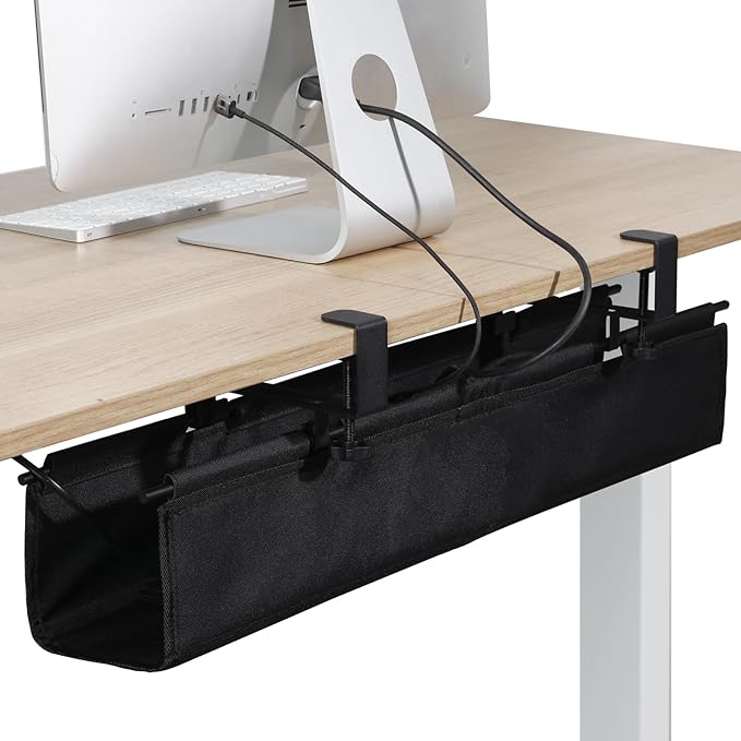 MAXECHO Under Desk Cable Management Tray 28" - Clamp on Wire and Cable Organizer for Storage and to Hide Cords - Ideal for Home Office - Premium Black Fabric Design
