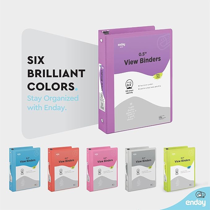 ½ Inch 3 Ring Binder Purple, .5 Inch Round Ring Clear View Cover with 2 Inside Pockets Binders, Colored School Supplies Binders, Also Available in Pink, Red, Green, Blue, and Grey (6 PC) – by Enday