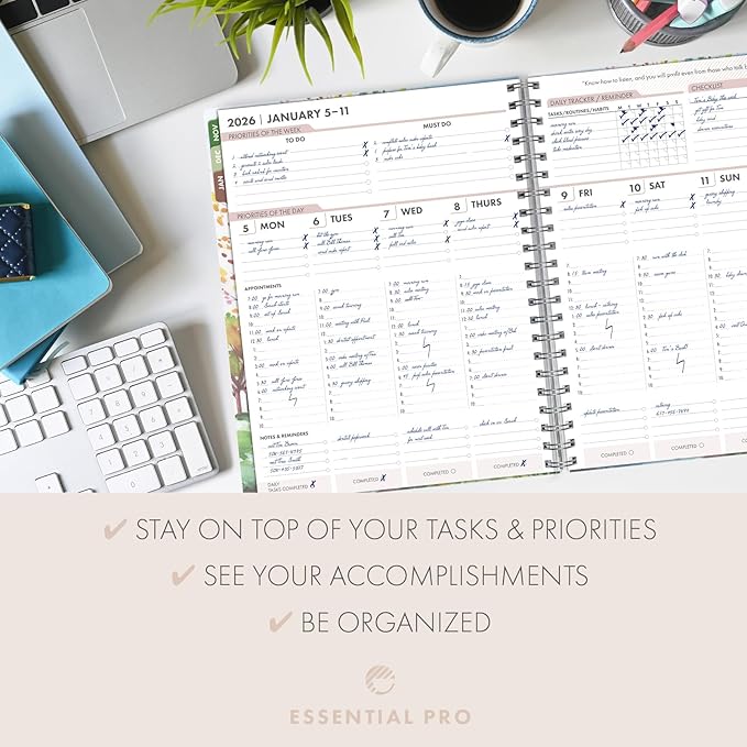 Essential PRO 2026 Daily, Weekly & Monthly Planner, 8.5"x11": 14 Months (Nov 2025 - Dec 2026) Monthly Tabs,Daily Tracking,Notes Pages,Storage Pocket,Bookmark w Sticky Notes (Tree Seasons)