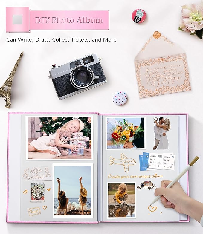 Photo Album Self Adhesive Scrapbook Album for 3x5 4x6 5x7 8x10 Pictures,60 Pages Linen Cover with Display Window DIY Photo Book,Ideal Gifts for Family Travel Wedding Baby