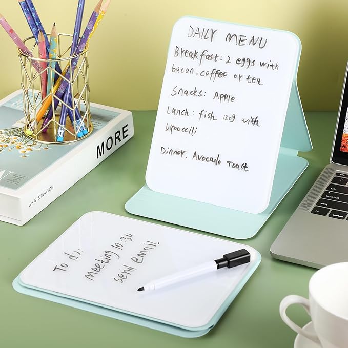 2 Pcs Small Glass Desktop Whiteboard with Reversable Stand 8 x 6 Inch Mini Dry Erase White Board Easel with 2 Markers Reusable Desk Notepad for Home Office School Supplies (Green)