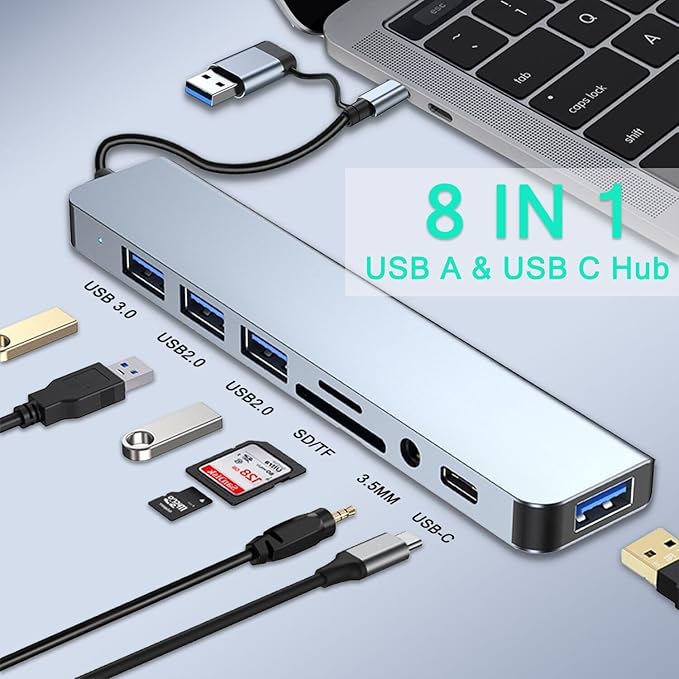 USB C Hub USB Hub 3.0, VIENON Aluminum 8 in 1 USB Extender with SD/TF Card Reader, 3.5mm Aux Headphone Jack for MacBook Pro Air and More PC/Laptop/Tablet Devices