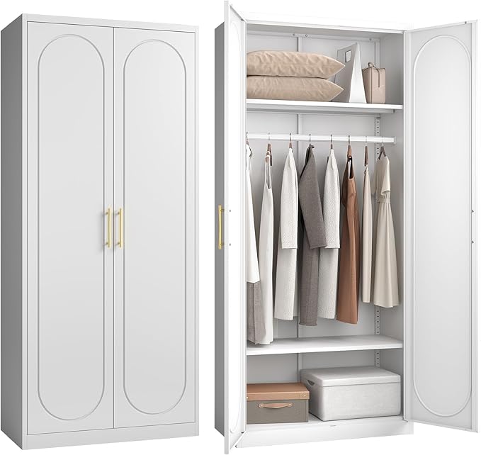 Metal Wardrobe Cabinet for Hanging Clothes, 71" Tall Armoire Wardrobe Closet with Hanging Rod, White Clothing Storage Cabinet with Doors and Shelves, Large Closet for Bedroom-Assemble Required