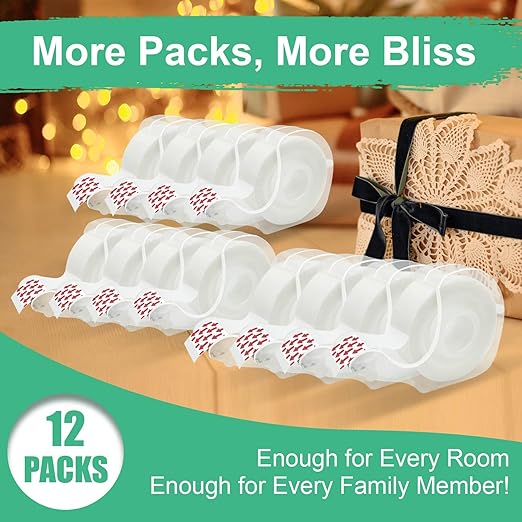Tape Bulk, Clear Tape, Invisible, Matte Finish, Writable, 3/4 in x 650 in, Transparent Tape, 12 Rolls with Dispensers, Ideal for Gift Wrapping, School Supplies & Office Use