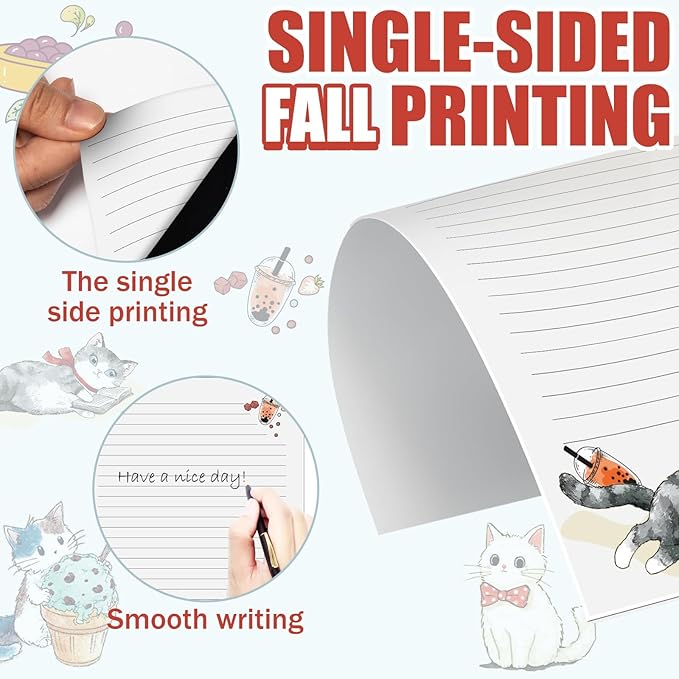 250Pcs Cute Stationery Paper and Envelope Set with 100 Letterhead Papers and 50 Envelopes, 10 Design for Letter Writing Invitations Computer Holidays Party Notes, 8.5x11 Inch- Lined Cat