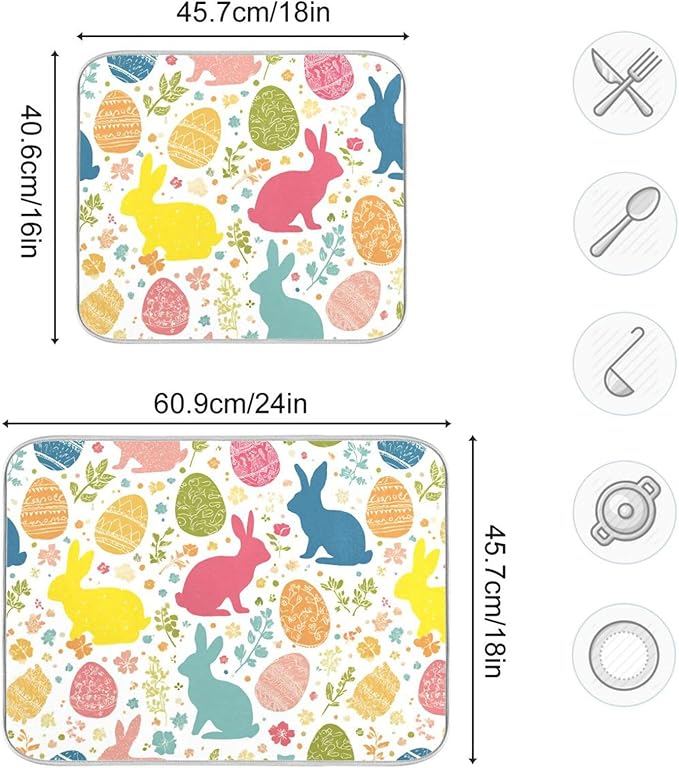 Flowers Eggs Bunny Easter Dish Drying Mat 16 X 18 Inches Spring Rose Leaves Peeps Rabbits Dry Dishes Pads Mats for Kitchen Tableware Protector Countertops Counter Home Decorations
