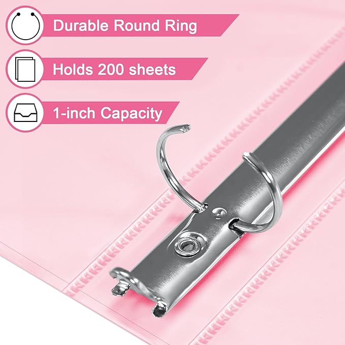1-inch 3 Ring Binder with 2 Interior Pockets, 1'' Basic Binders Holds US Letter Size 8.5'' x 11'' Paper - Versatile Binders for Office, Home, and School Use, 6 Pack (Pink)