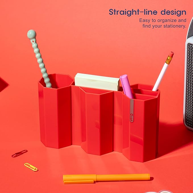 AonT Design Small Desk Organizer - Red Pen Tray & Holder (Multi-Compartment) (Made in Korea) – Modern Office Storage Supplies Organizer and Aesthetic Decor for Accessories