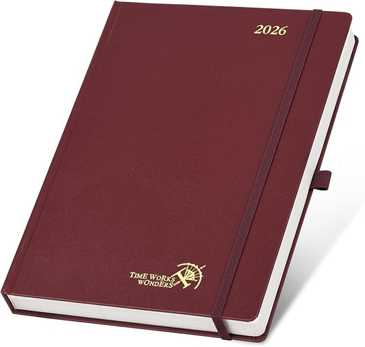 POPRUN 2026 Daily Planner One Page Per Day Even Weekends A4 Large Size (8.5" x 12") - 12 Months Calendar Hourly Appointment Book with Inner Pocket, Pen Holder, Hardcover - Burgundy