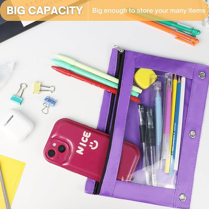 Pencil Pouch for 3 Ring Binder, School Bus Back to School Cartoon Pattern Zipper Pencil Case Bag with Clear Window