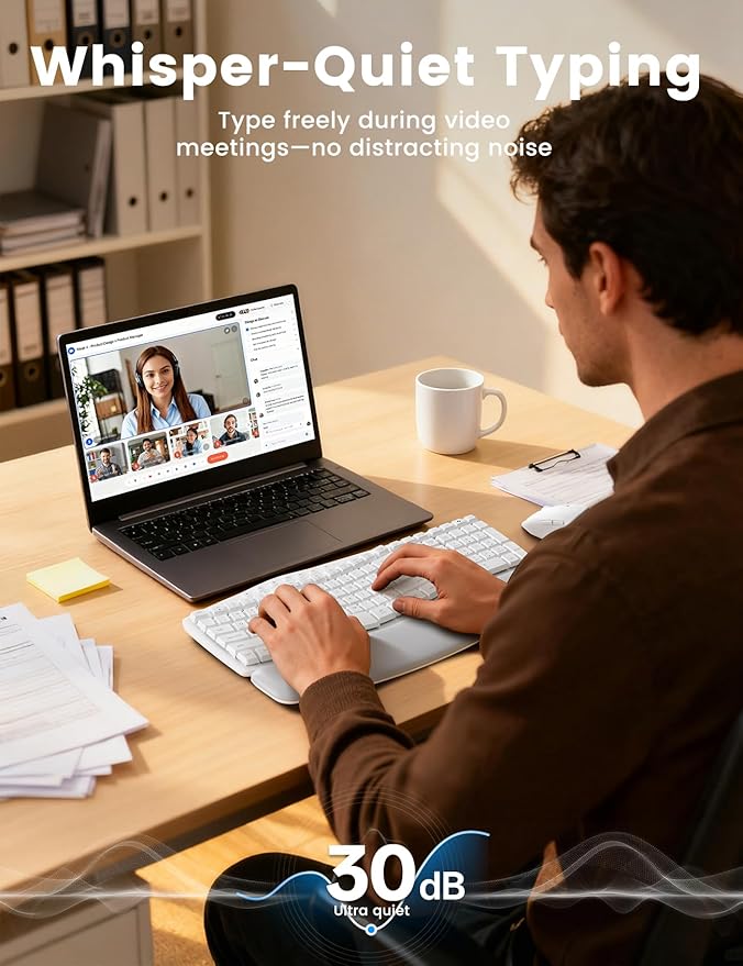 White Wireless Keyboard and Mouse Combo for MacBook & Windows, 30dB Quiet Ergonomic Keyboard Set with Wave Keys & Soft Palm Rest, Silent Typing, Dual-System Switch, Ideal for Home Office—Sablute