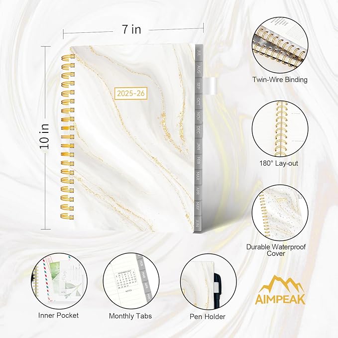Academic Planner 2025-2026, Weekly and Monthly Planners for Women, Jul.2025 - Jun.2026, AIMPEAK Daily Calendar Planner for Teacher & Student, Monthly Tabs, White Marble, 7"x10"