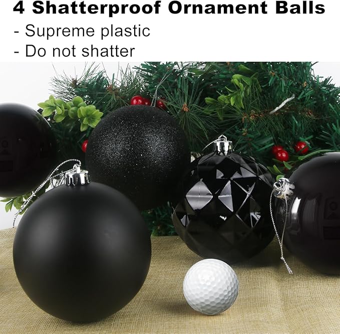 Black Set of XL (4.0") 4PCS Christmas Balls - Christmas Tree Decoration Ornaments Shatterproof Hanging Balls for New Year Easter Valentine Holiday Decorations