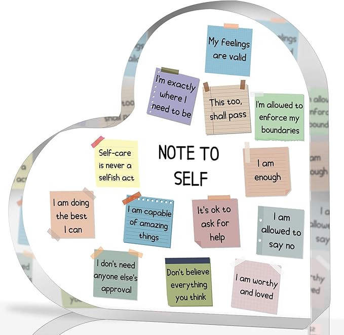 Note to Self Motivational Decor - Office Acrylic Heart Gift Therapy Mental Health Print Decorations for School Counseling Office Therapy Desktop Art Decoration School Counselor, Therapist Office Gifts