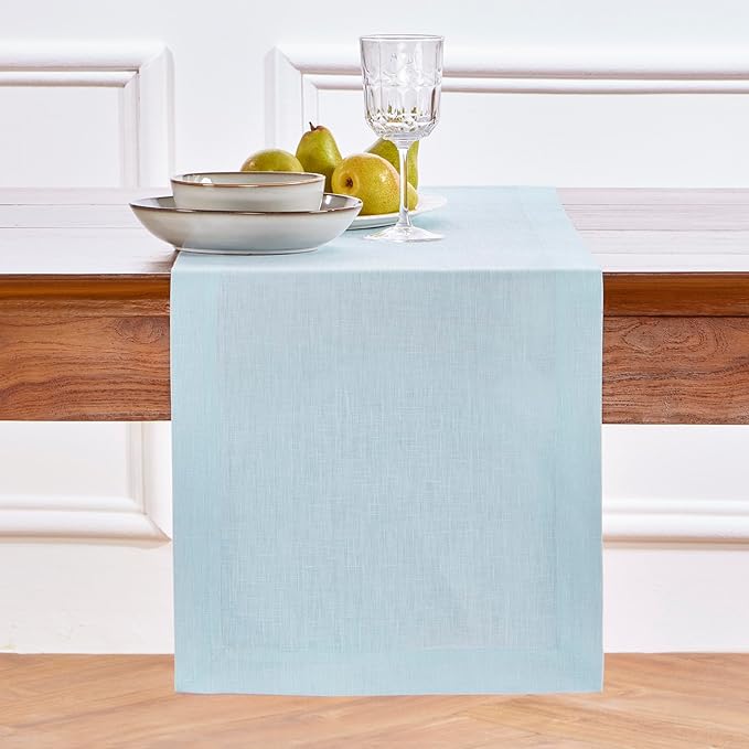 Solino Home Linen Ice Water Table Runner 60 Inches - 100% Pure Linen Farmhouse Short Table Runner 14 x 60 Inch Ideal for Dresser and Coffee Tables - Fete - Christmas, Holiday