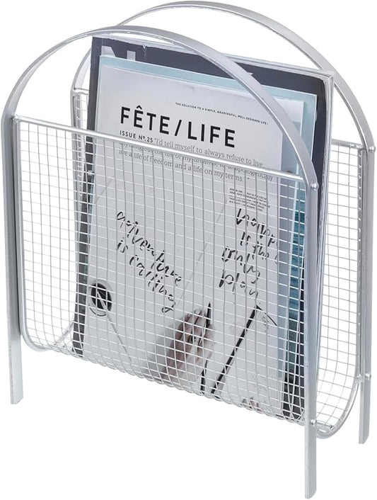 MyGift Mid-Century Design Magazine Rack, Matte Black Tone Metal Mesh Freestanding Magazine Organizer Holder Sling (Silver)