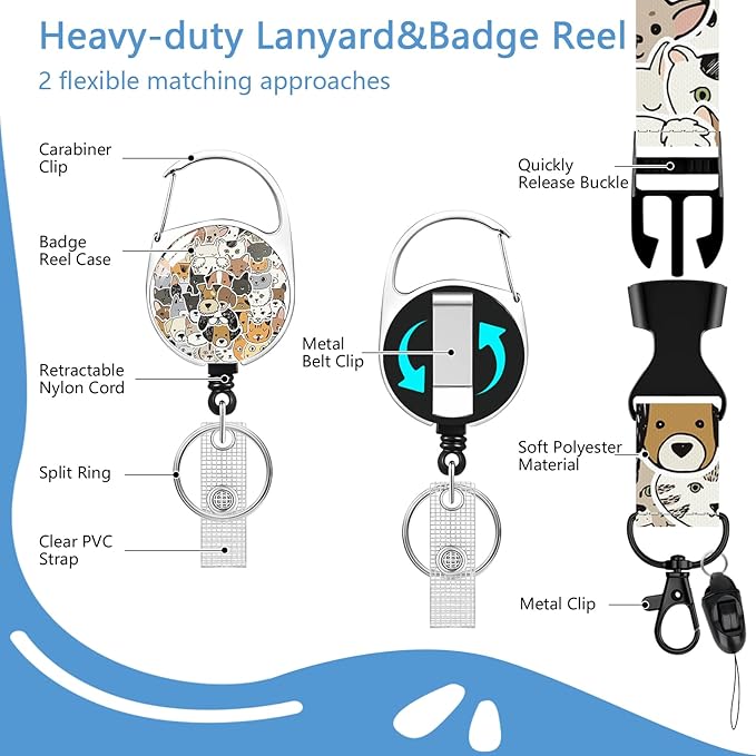 Cute Dog Badge Holder Reel Lanyard,ID Card Badge Holder Retractable Name Tag Clips for Doctor Nurse Teacher Office Student