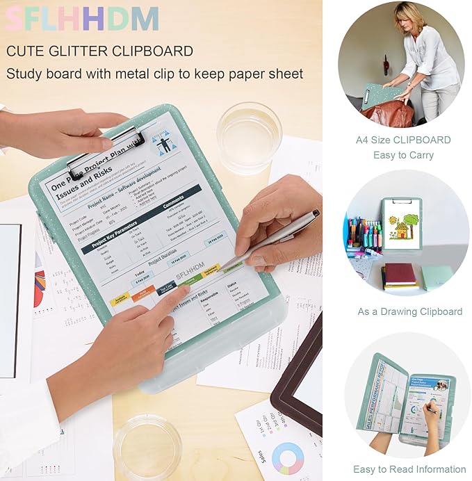 Glitter Clipboard with Storage,Storage Clipboard with Pen Holder,A4 Binder Clip Boards 8.5x11 with Low Profile Clip,Side Opening Sparkle Clipboards, Clipboards Folder for Office Supplies-Grayish Green