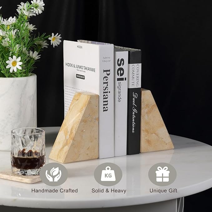 Koville Marble Bookends for Shelves, Large Bookends for Heavy Books, Non-Slip Heavy Duty Book Stopper for CD/Movies, Aesthetic Decorative Bookends for Shelves Table Home Decor(Gold)