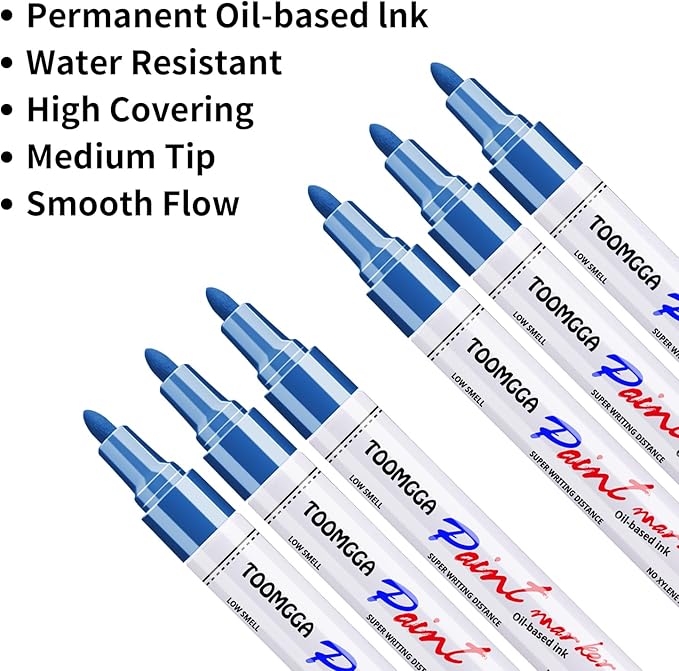Permanent Paint Pens Blue Paint Markers 6 Pack Oil Based Markers, Quick Drying and Waterproof Marker Pen, Car Tire, Metal, Rock Painting, Wood, Plastic, Canvas, Craft Supplies for Adults