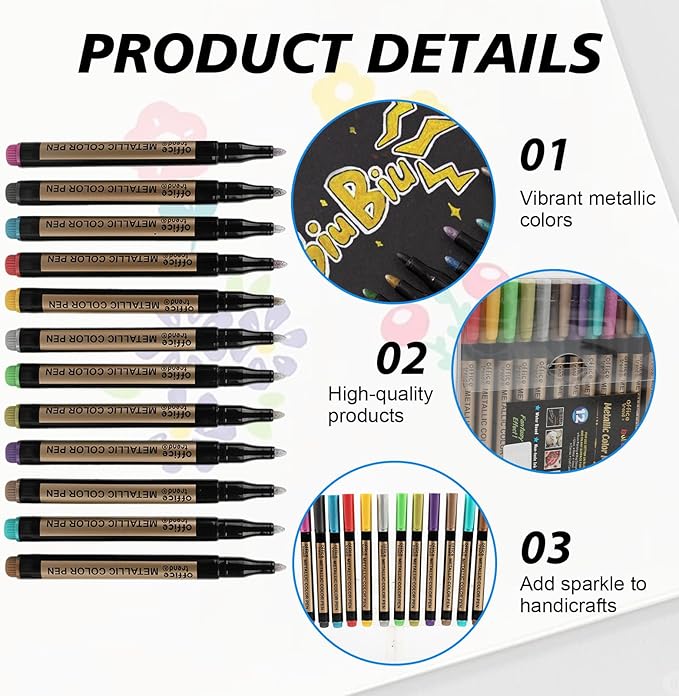 12 Colors Metallic Paint Markers, Medium Tip Acrylic Paint Pens for Black Paper, Scrapbooking Supplies for Vision Board and Art Crafts, Metallic Markers for Rock Painting and Photo Albums