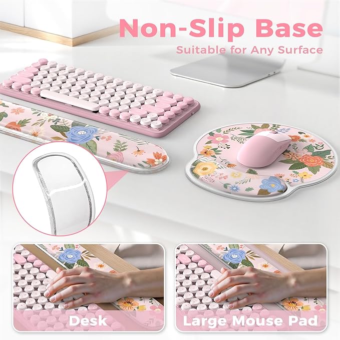 iCasso Gel Wrist Rest for Keyboard and Mouse,Pink Mouse Pad Wrist Support for Typing Pain Relief,Silicone Ergonomic Keyboard Cushion Non-Slip,Cute Computer Wrist Rest for Women Girl