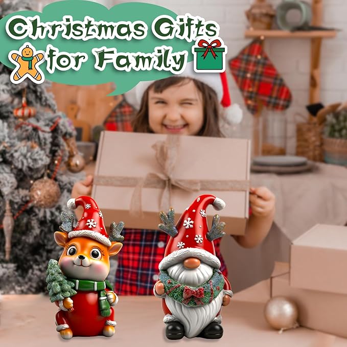 Christmas Gnome Figurines 2 PCS Resin Reindeer Decoration Indoor Collectible Statue Cute Holiday Ornament for Table Home