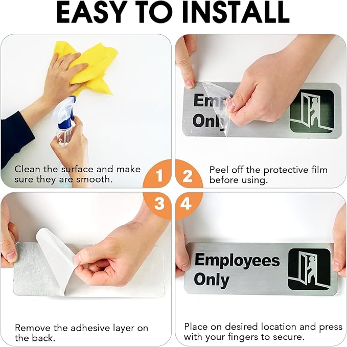Faittoo Employees Only Sign, (4 Pack) 9 X 3 Inches Informative Rust Free Brushed Aluminum Sign with Symbols, Fade Resistant, Use for Door of Office/Business, Easy to Install