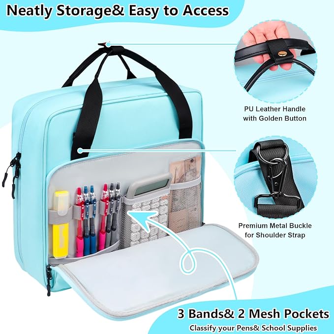 3 D-Ring Zipper Binder 2 inch with Shoulder Strap, Waterproof Oxford Binder with Zipper Storage 500 Sheets Capacity, Multi-Pockets Organizer Bag for 13 inch Laptop College Office (Blue)