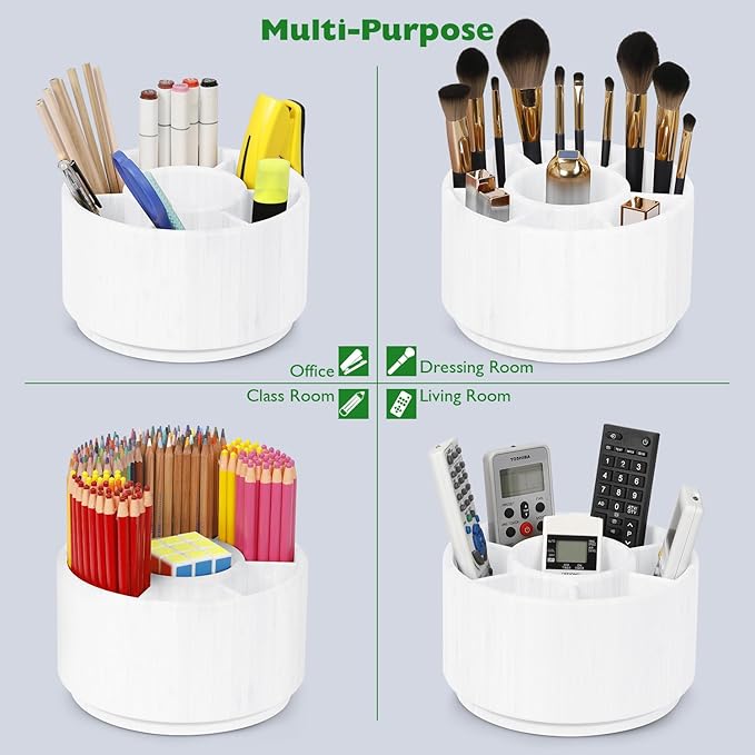 Bamboo Rotating Round Art Supply Organizer, Pencil Holder Desk Organizer with 7 Compartments, Office Supplies Desktop Storage Caddy for Colored Pencils(white)