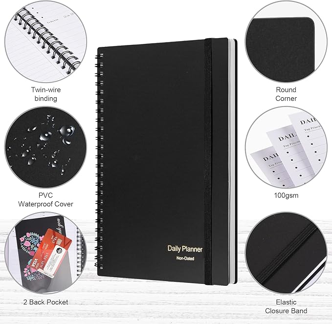 Daily Planner Undated, Asten to Do List Notebook Hourly Schedules Spiral Appointment Planner for Men and Women,PVC Hardcover,Elastic Closure, Inner Pocket 8.3" x 5.8" (Black, 2 Pack)
