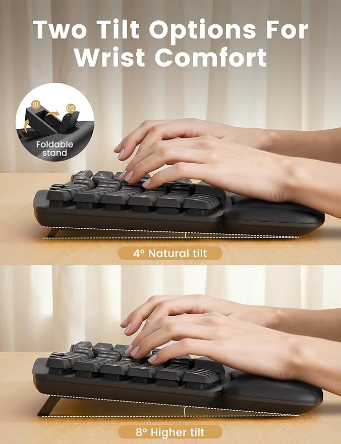 Quiet Wireless Keyboard and Mouse Combo, 30dB Silent Full-Size Ergonomic Keyboard Set with Wave Keys & Soft Palm Rest, Dual-System Switch for Windows/Mac, Ideal for Business Teams Home Office—Sablute