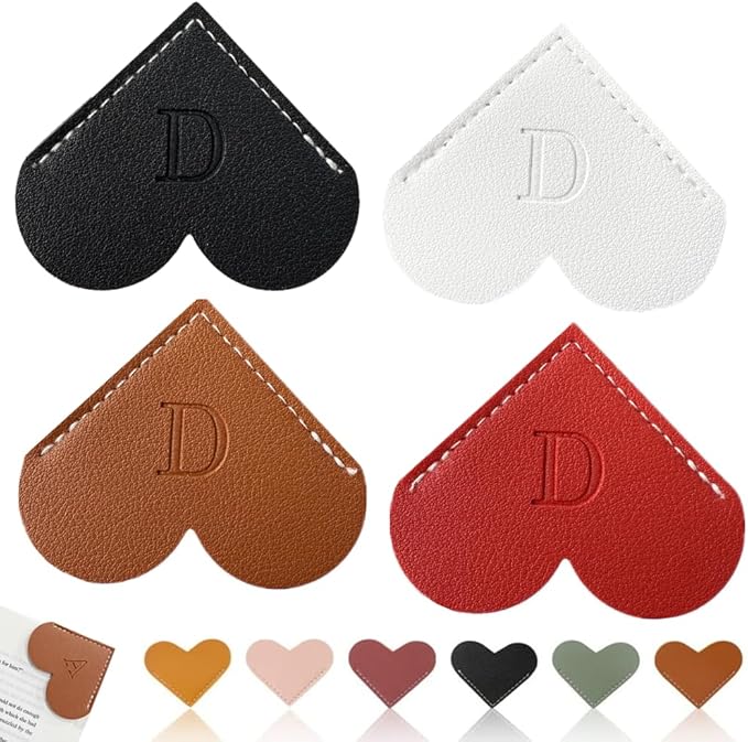 Personalized Leather Heart Bookmark, 26 Letters Customized Corner Book Mark for Reading, Book Holder Markers with Initials Page Book Accessories Cute Gifts (Black+White+Dark Brown+Red,D)