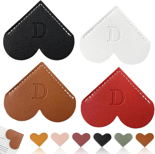 Personalized Leather Heart Bookmark, 26 Letters Customized Corner Book Mark for Reading, Book Holder Markers with Initials Page Book Accessories Cute Gifts (Black+White+Dark Brown+Red,D)