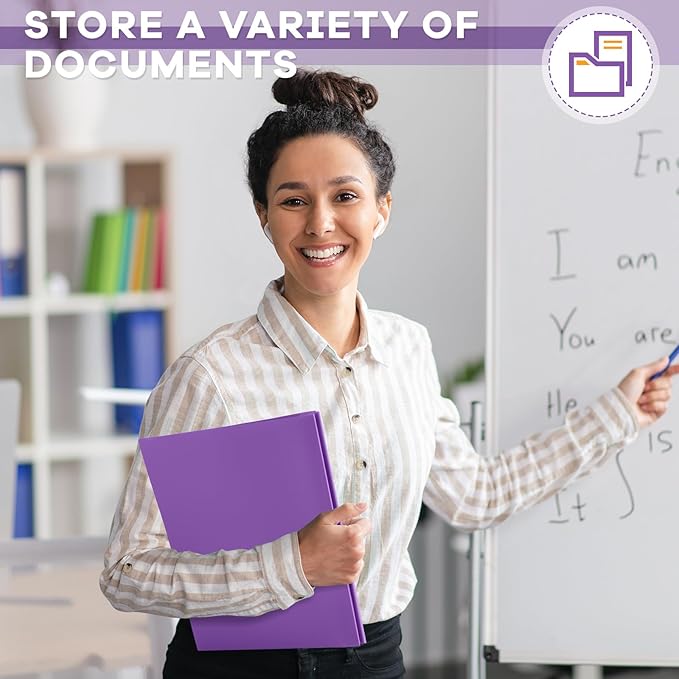 Henoyso 36 Pcs Plastic Folder with Clear Front Pocket and 3 Prong Plastic Folders with Card Slot Pocket Folders with Prongs for School Office (Purple)