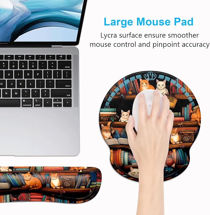 Dapesuom Keyboard Wrist Rest and Mouse Pad with Wrist Support, Cute Memory Foam Cushion for Keyboard and Mouse Set, Ergonomic Pad Rests with Non Slip Base for Easy Typing & Pain Relief, Library Cats