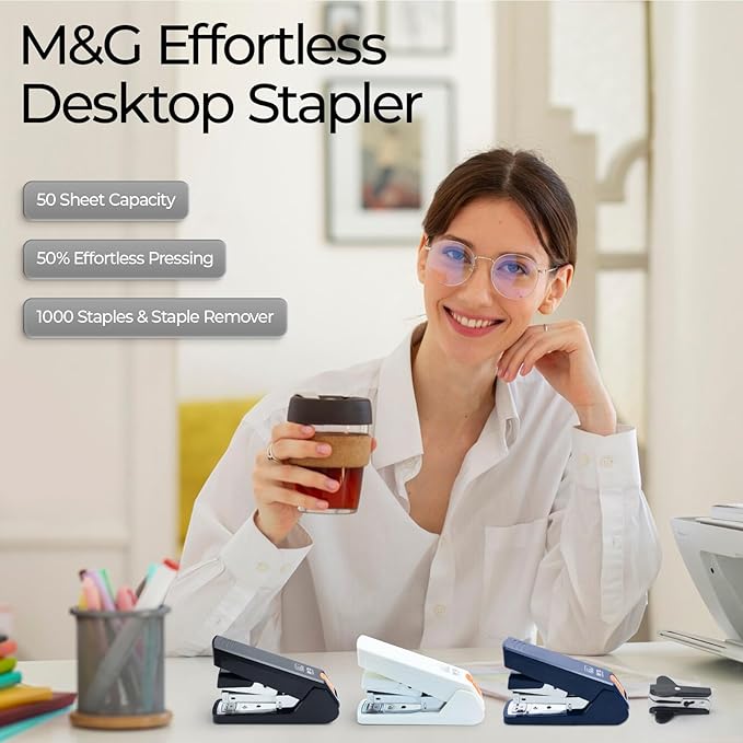 M&G Effortless Stapler 50 Sheet Capacity One-Touch Stapling, Heavy Duty Desktop Stapler Includes 1000 Staples and Remover, Portable Handheld Staplers for Home & Office (Dark Blue)