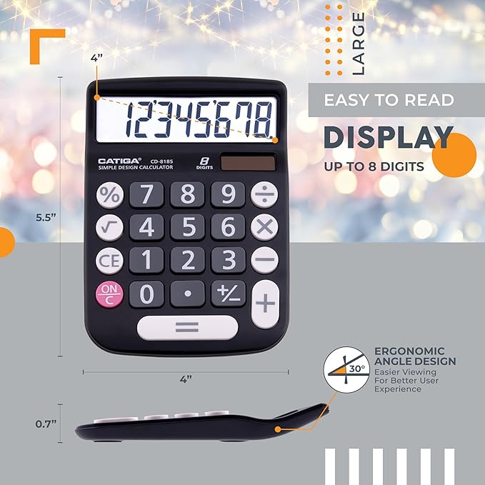 CATIGA Desktop Calculator 8 Digit with Solar Power and Easy to Read LCD Display, Big Buttons, for Home, Office, School, Class and Business, 4 Function Small Basic Calculators for Desk, CD-8185 Black