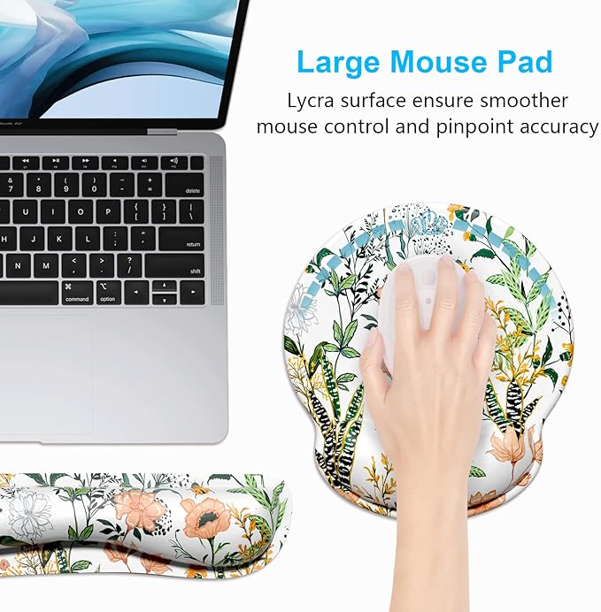 Dapesuom Keyboard Wrist Rest and Mouse Pad with Wrist Support, Cute Memory Foam Cushion for Keyboard and Mouse Set, Desktop Pad Rests with Non Slip Base for Easy Typing & Pain Relief, White Floral